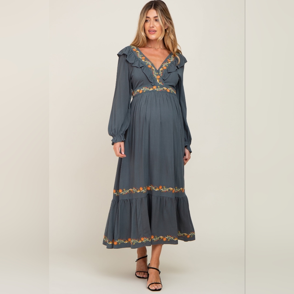 Pinkblush In Loom Dark Teal Floral Embroidered Ruffle Modest Maternity Dress L